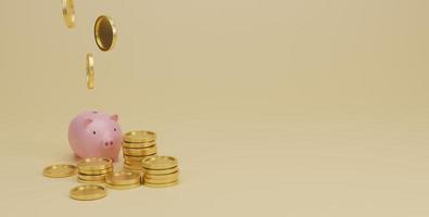 Pink piggy bank and golden coins stack on yellow background. Saving money and Financial planning concept. 3D rendering. photo