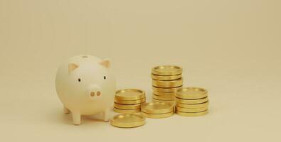 Piggy bank and golden coins stack on yellow background. Saving money and Financial planning concept. 3D render. photo