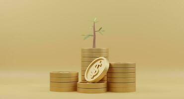 3D Rendering. Golden coins stack with trees on yellow background. Concept of Business investment and saving money. photo