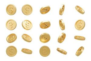 3D Render. Collection of dollar coins isolated on background in different positions. photo