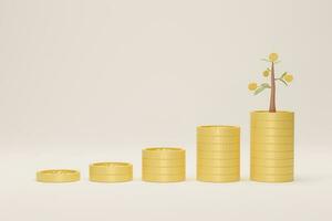 Coin stack growth with tree on white background. Growing saving concept. 3D illustration. photo