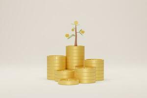 crecimiento de la pila de monedas con árbol sobre fondo blanco. concepto de ahorro creciente. ilustración 3d foto