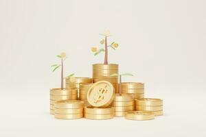 crecimiento de la pila de monedas con árbol sobre fondo blanco. concepto de ahorro creciente. ilustración 3d foto