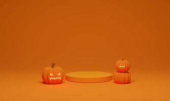 3D rendering. Pumpkin and podium minimal scene for Halloween background. Abstract geometric shape pedestal for product display photo