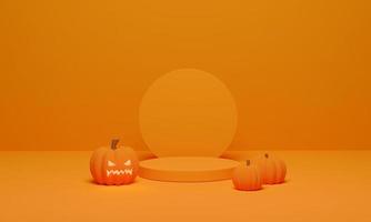3D rendering. Pumpkin and podium minimal scene for Halloween background. Abstract geometric shape pedestal for product display photo