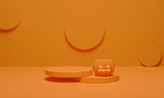 3D rendering. Pumpkin and podium minimal scene for Halloween background. Abstract geometric shape pedestal for product display photo