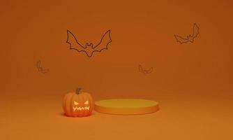 3D rendering. Abstract podium minimal scene for Halloween background. Pumpkin with flying bat on geometric shape pedestal for product display photo