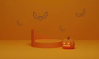 3D rendering. Abstract podium minimal scene for Halloween background. Pumpkin with flying bat on geometric shape pedestal for product display photo