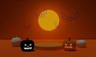 3D rendering. Abstract podium minimal scene for Halloween background. Pumpkin with flying bat and full moon on geometric shape pedestal