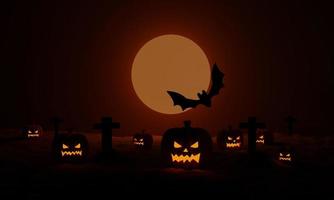 calabazas de halloween y murciélagos voladores a la luz de la luna en la noche espeluznante. fiesta de jack o linterna. representación 3d foto