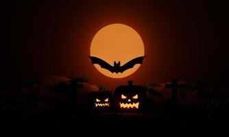 Halloween pumpkins and flying bats at moonlight in the spooky night. Jack O Lantern party. 3D rendering photo