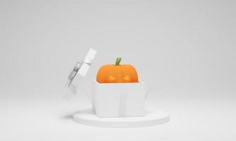 Halloween pumpkin in gift box on white background. 3D rendering. 3D illustration photo