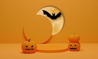 3D rendering. Pumpkin with flying bat and podium minimal scene for Halloween background. Abstract geometric shape pedestal for product display photo