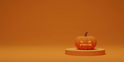 Halloween pumpkin on pedestal podium background. Abstract geometric minimal scene for product display, banner, template. 3D render illustration