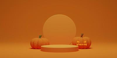Halloween pumpkin with pedestal podium on orange background. Abstract geometric minimal scene for product display, banner, template. 3D render illustration