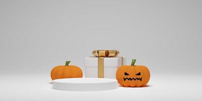 Halloween pumpkin, podium with gift box on white background. Abstract geometric minimal scene for product display, banner, template. 3D render illustration photo