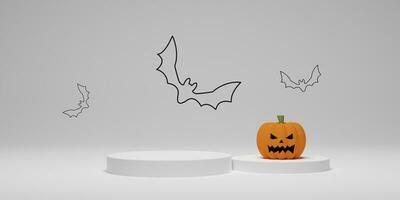 Halloween pumpkin with pedestal podium on white background. Abstract geometric minimal scene for product display, banner, template. 3D render illustration photo