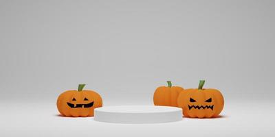 Halloween pumpkin with pedestal podium on white background. Abstract geometric minimal scene for product display, banner, template. 3D render illustration photo