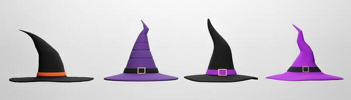 colección de sombrero de bruja sobre fondo blanco para el día de halloween. procesamiento 3d, ilustración 3d. foto