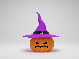 representación 3d calabaza de halloween con un sombrero de bruja sobre fondo blanco. foto