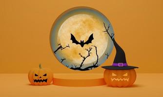 3D rendering. Halloween pumpkin wearing a witch hat with cylinder podium for product display. Abstract minimal scene for Halloween background photo