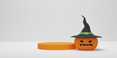 3D rendering. Halloween pumpkin wearing a witch hat with cylinder podium for product display. Abstract minimal scene for Halloween background photo