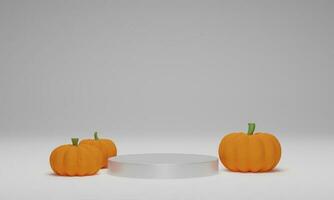 representación 3d calabaza con podio de cilindro sobre fondo blanco. escena mínima abstracta para el fondo de halloween foto