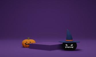 representación 3d calabaza de halloween con un sombrero de bruja con podio sobre fondo morado. escena mínima abstracta para el fondo de halloween foto