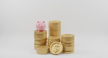 Pink piggy bank and golden coins stack on white background. Saving money and Financial planning concept. 3D rendering. photo