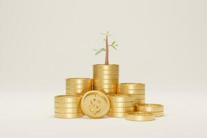 Coin stack growth with tree on white background. Growing saving concept. 3D illustration. photo