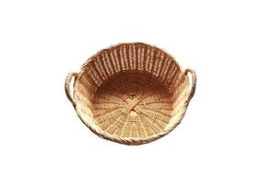 Empty Wicker basket with handles on white background. Top view. photo