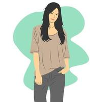 Beautiful and cute female character wearing oversized clothes. Flat cartoon vector illustration
