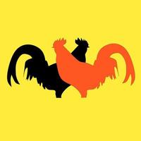 a vector image of 2 chickens in the form of a silhouette with black and red colors on a yellow background