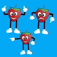 an illustration of a strawberry fruit in the shape of a variety of unique characters on a blue screen background vector