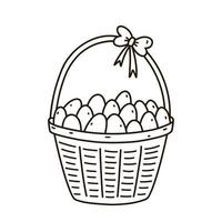 Festive basket with Easter eggs isolated on white background. Vector hand-drawn illustration in doodle style. Perfect for holiday and spring designs, cards, logo, decorations.