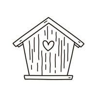 Cute wooden birdhouse isolated on white background. Vector hand-drawn illustration in doodle style. Perfect for holiday and spring designs, cards, logo, decorations.