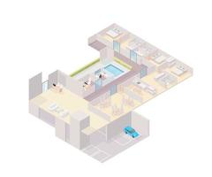 The layout of a big apartment with several rooms, parking place, and pool vector
