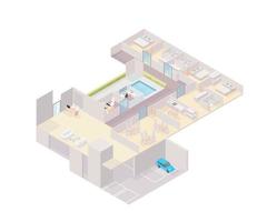 The layout of a big apartment with several rooms, parking place, and pool vector