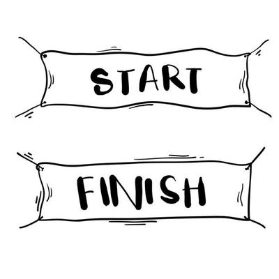 handdrawn start and finish line banners, streamers, flags for outdoor sport event - competition race, run with doodle cartoon style