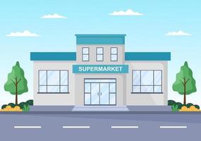 Supermarket Building with Shelves, Grocery Items and Full Shopping Cart, Retail, Products and Consumers in Flat Cartoon Background Illustration vector