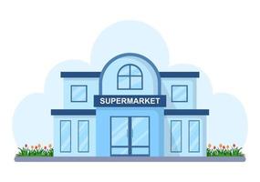 edificio de supermercado con estantes, artículos de abarrotes y carrito de compras completo, venta minorista, productos y consumidores en ilustración de fondo de caricatura plana vector