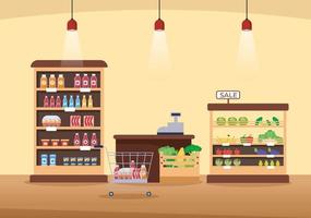 supermercado con estantes, artículos de abarrotes y carrito de compras completo, venta al por menor, productos y consumidores en ilustración de fondo de caricatura plana vector