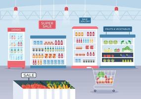 Supermarket with Shelves, Grocery Items and Full Shopping Cart, Retail, Products and Consumers in Flat Cartoon Background Illustration vector