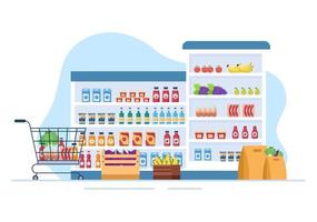 supermercado con estantes, artículos de abarrotes y carrito de compras completo, venta al por menor, productos y consumidores en ilustración de fondo de caricatura plana vector