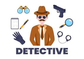 investigador privado o detective que recopila información para resolver crímenes con equipos como lupa, esposas y otros en la ilustración de fondo de dibujos animados