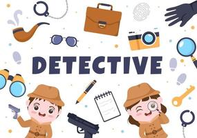 investigador privado de dibujos animados para niños o detective que recopila información para resolver crímenes con equipos como lupas y otros en la ilustración de fondo