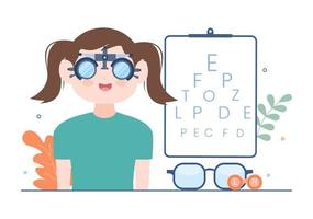 oftalmología de los controles de la vista del paciente, prueba de ojos ópticos, tecnología de anteojos y elección de anteojos con lentes de corrección en ilustración de caricatura plana
