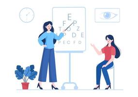 oftalmología de los controles de la vista del paciente, prueba de ojos ópticos, tecnología de anteojos y elección de anteojos con lentes de corrección en ilustración de caricatura plana vector