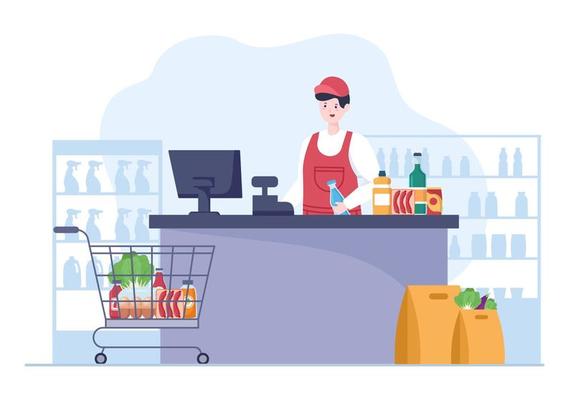 Supermarket with Shelves, Grocery Items and Full Shopping Cart, Retail, Products and Consumers in Flat Cartoon Background Illustration