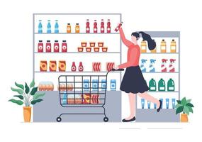 supermercado con estantes, artículos de abarrotes y carrito de compras completo, venta al por menor, productos y consumidores en ilustración de fondo de caricatura plana vector